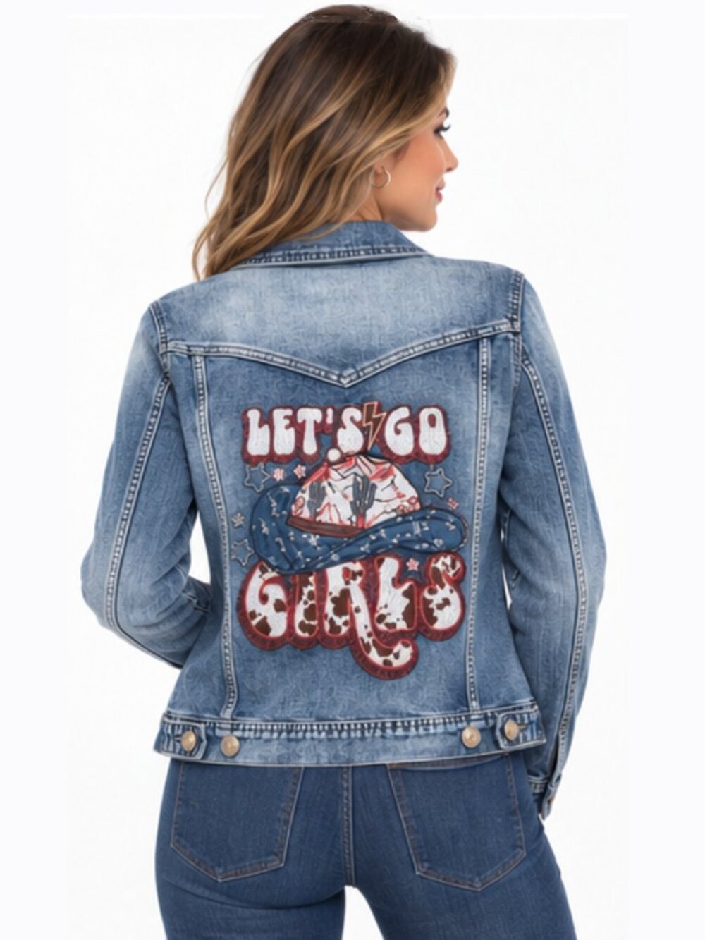 N.W.T Grace in LA Let's Go Girls Cowgirl Blue Denim Embroidered Shania Jacket